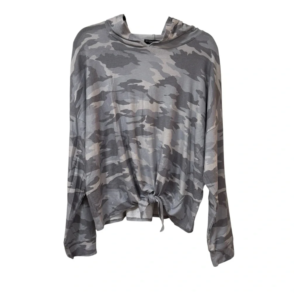 Beyond Yoga gray camo tye-front hoodie XL athleisure NWOT - Picture 1 of 8